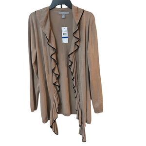 By Design Womens Open Front Ruffle Cardigan Size XL Beige with Black Piping